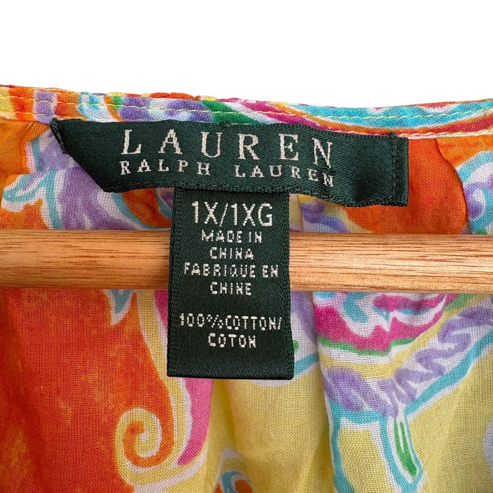 Lauren Ralph Lauren Womens 1X Paisley Ruffle Neck Cotton Blouse Multicolor - Picture 4 of 10